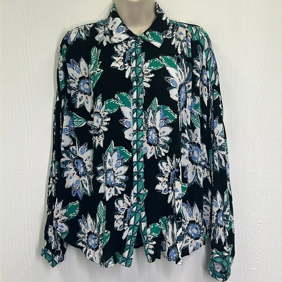 Free People - Good Vibrations Floral Teal Black Button Down Oversized Blouse XS - Picture 2 of 13